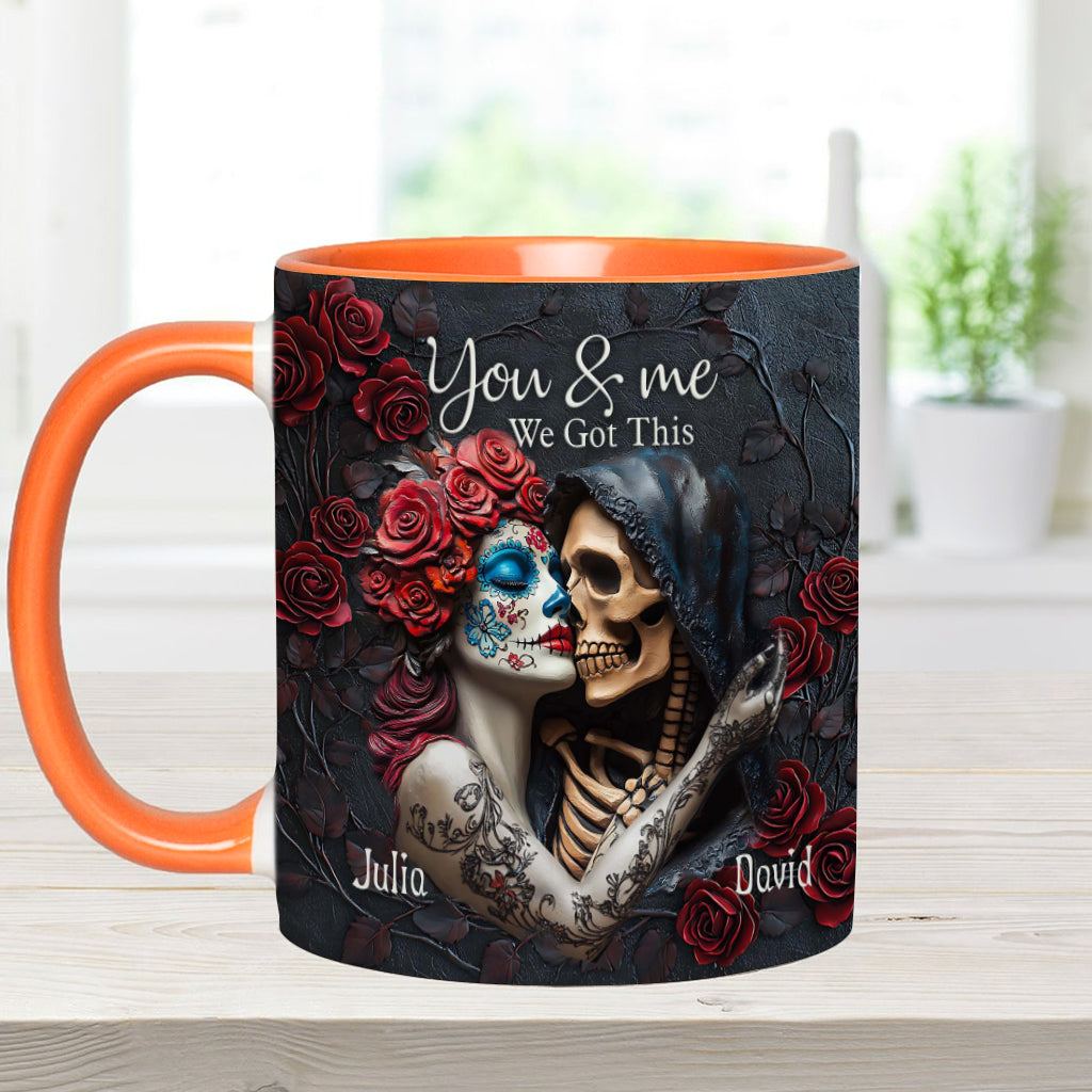 „Du und ich, wir schaffen das“ – Personalisierte Tasse mit Totenkopf-Akzent