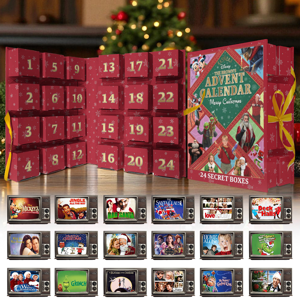Weihnachtsfilm-Adventskalender – Personalisierter, gefalteter Weihnachts-Adventskalender mit Ornamenten