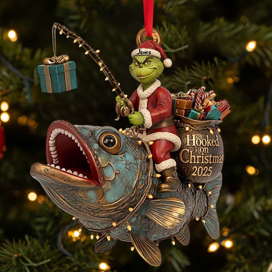Grüner Weihnachtsmann reitet auf Fisch - Personalisierter Angelschmuck