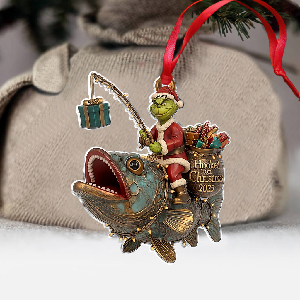 Green Santa Riding Fish - Personalized Fishing Ornament