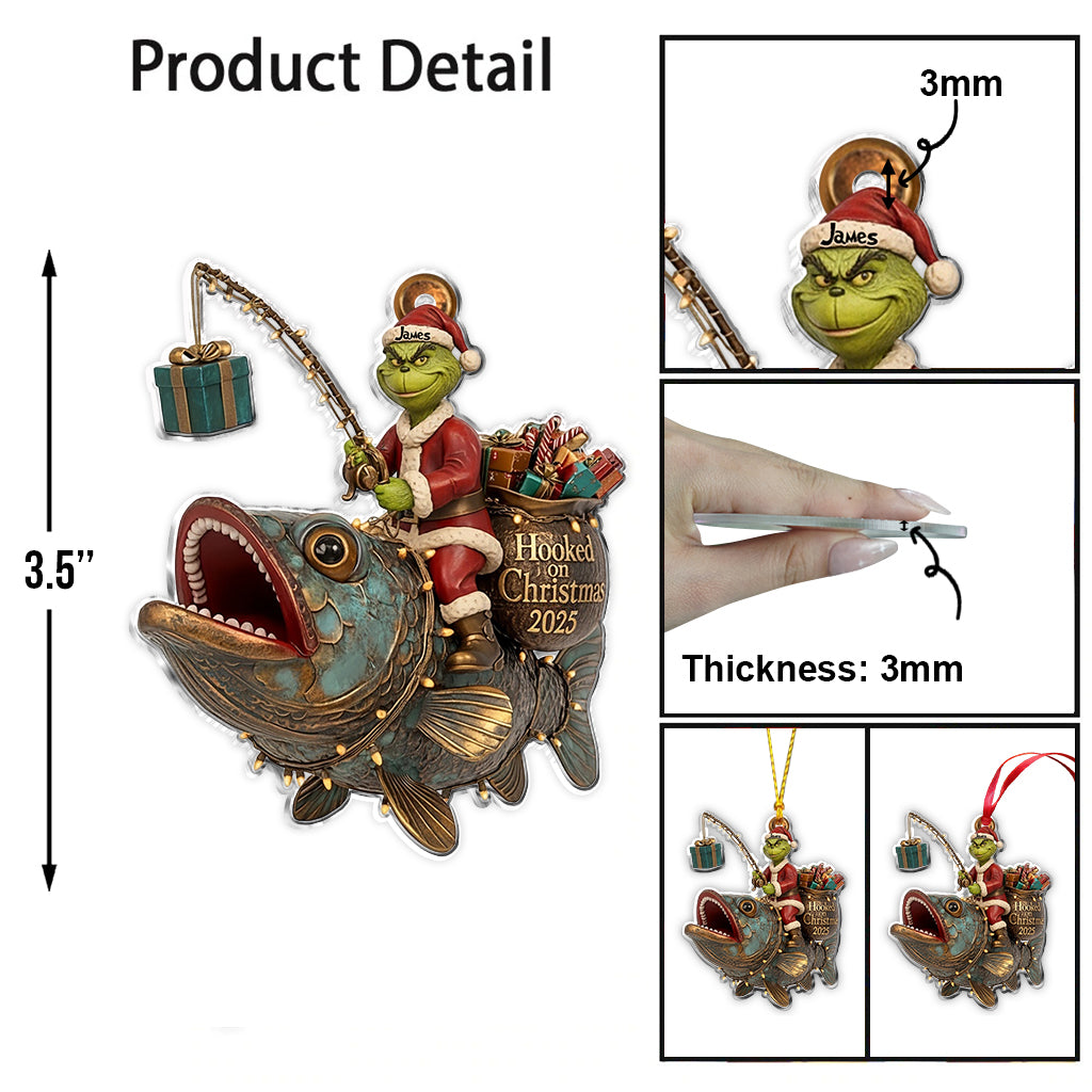 Green Santa Riding Fish - Personalized Fishing Ornament