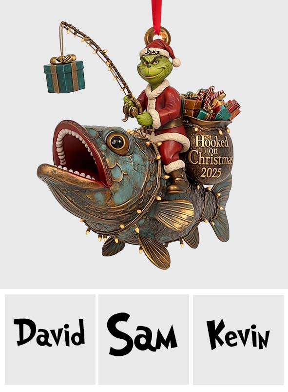 Green Santa Riding Fish - Personalized Fishing Ornament