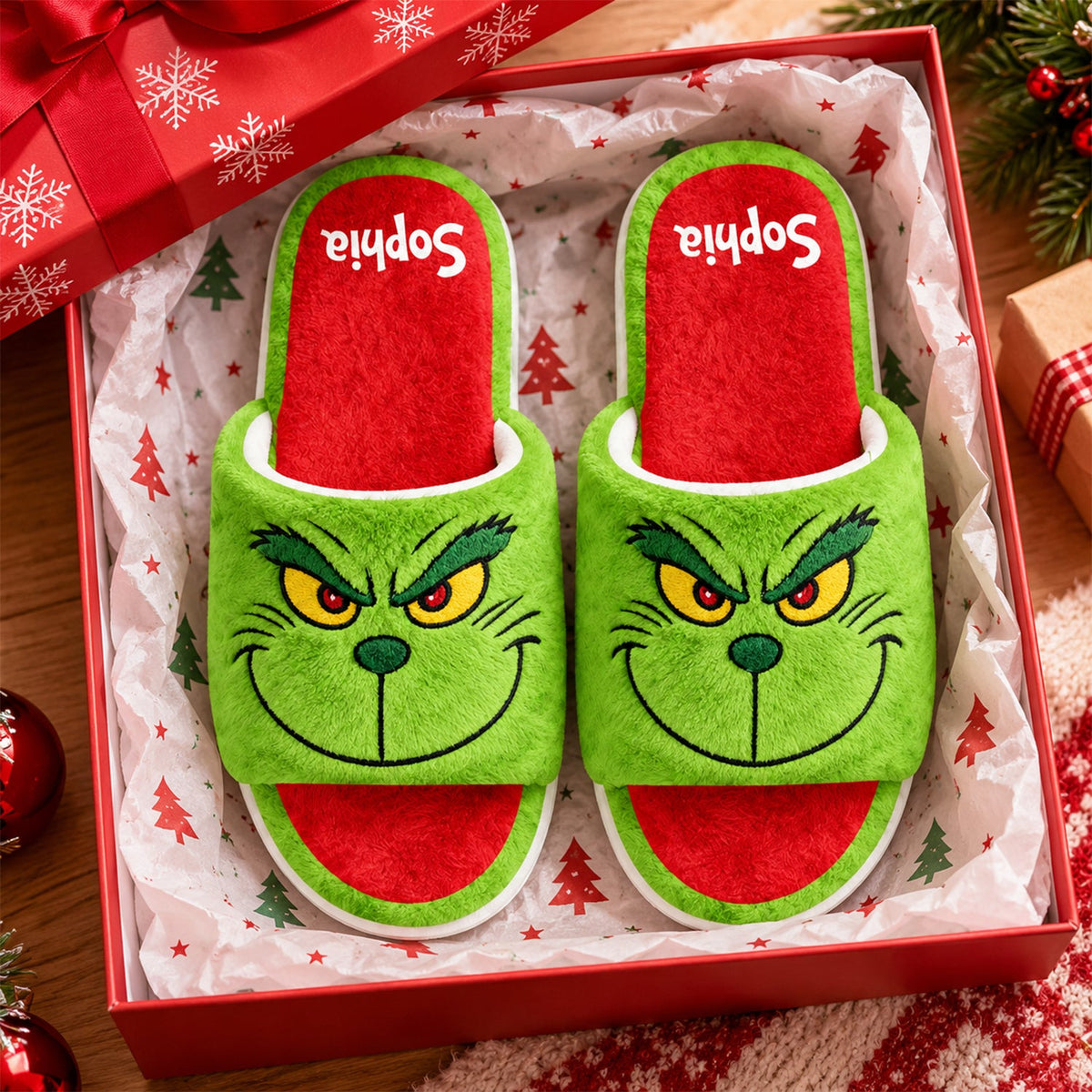 Merry Grinchmas - Personalized Stole Christmas Open-Toe Slippers