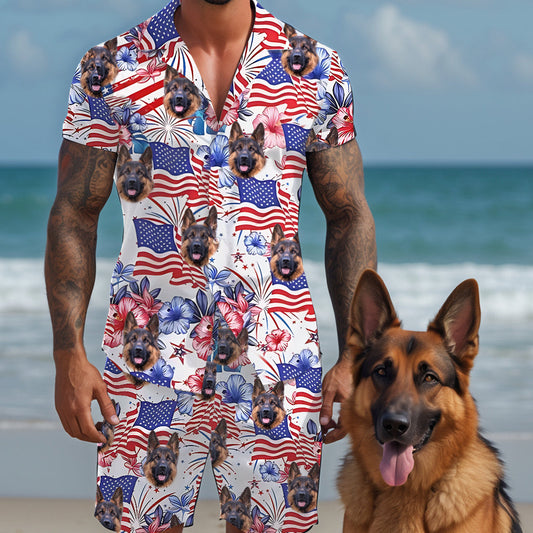 Patriotischer Hund – Personalisiertes Hawaiihemd und Herrenshorts mit Hundemotiv