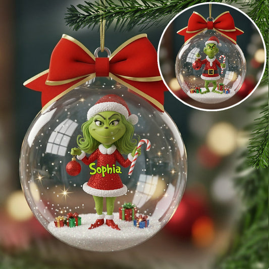 Merry Grinchmas - Personalized Stole Christmas Snow Globe Ornament With Bow