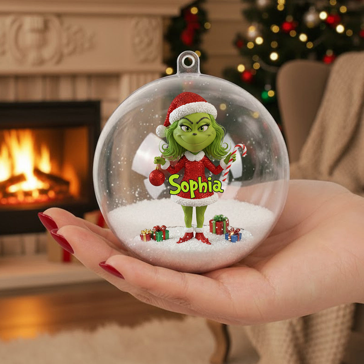 Joyeux Grinchmas - Boule à neige personnalisée avec étole et nœud