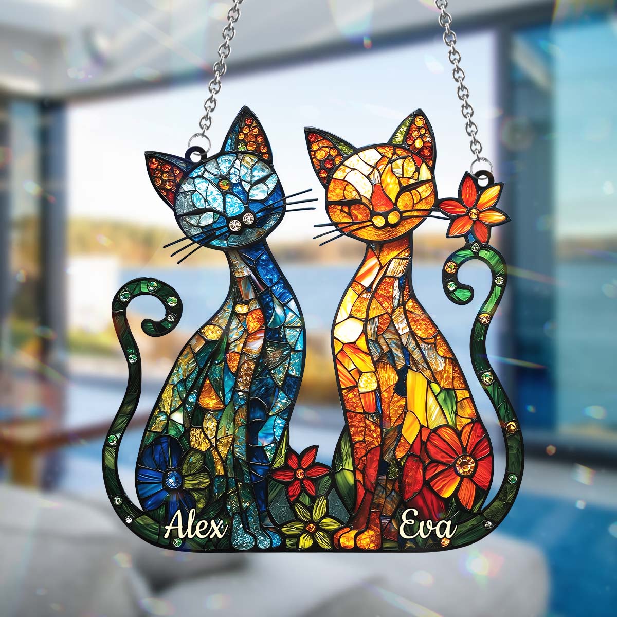 Magnifique couple de chats - Décoration attrape-soleil personnalisée à suspendre à la fenêtre - Couple de chats 