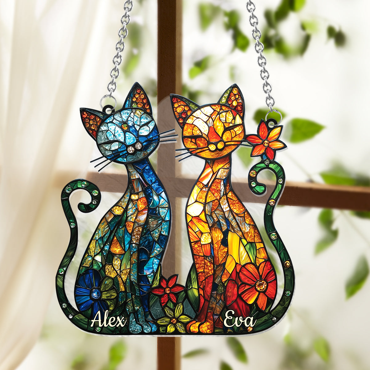 Magnifique couple de chats - Décoration attrape-soleil personnalisée à suspendre à la fenêtre - Couple de chats 