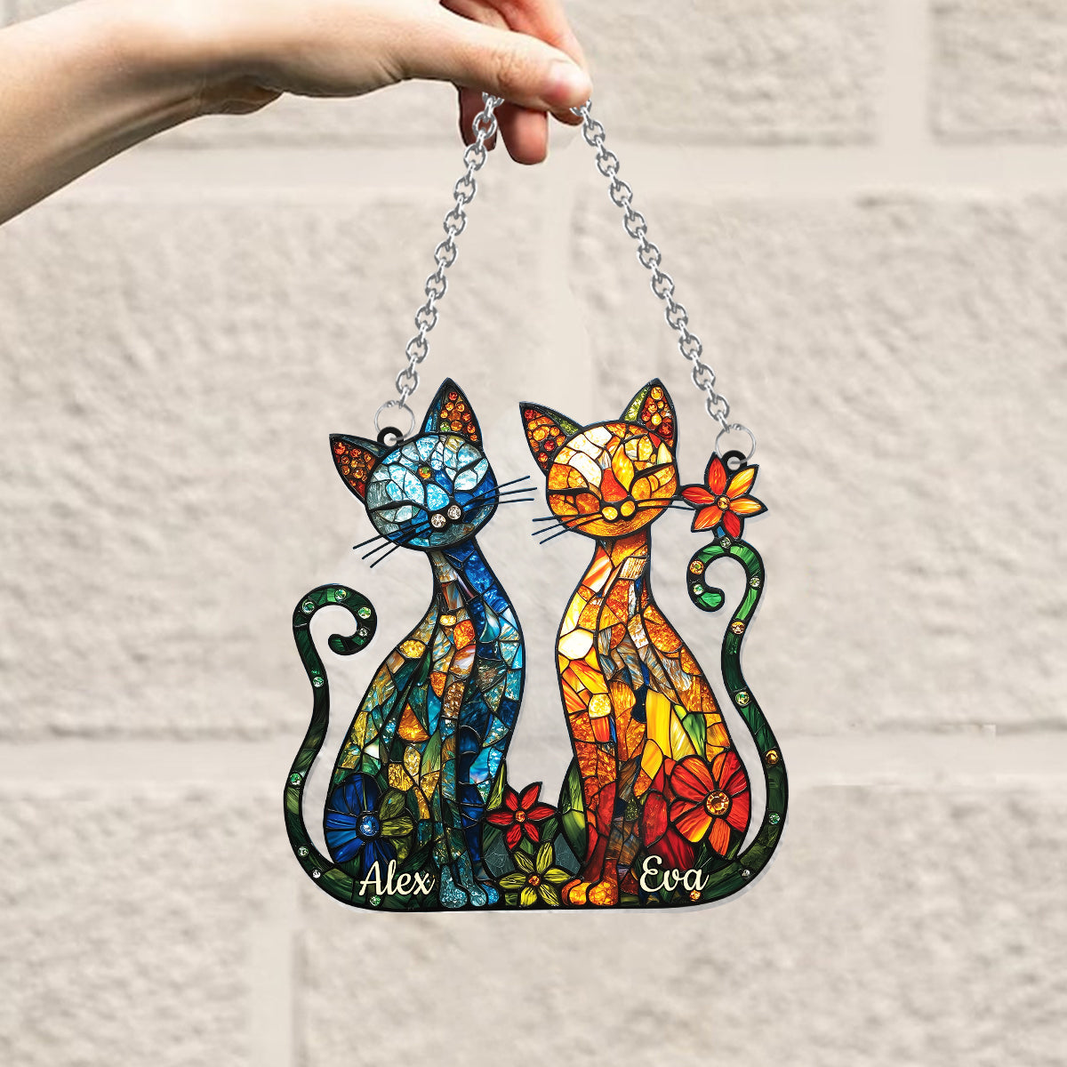 Magnifique couple de chats - Décoration attrape-soleil personnalisée à suspendre à la fenêtre - Couple de chats 