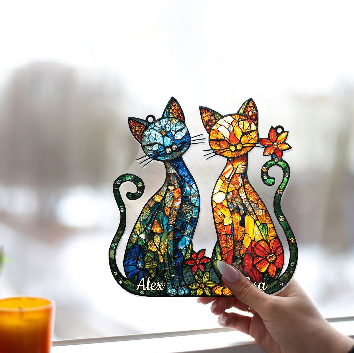 Magnifique couple de chats - Décoration attrape-soleil personnalisée à suspendre à la fenêtre - Couple de chats 