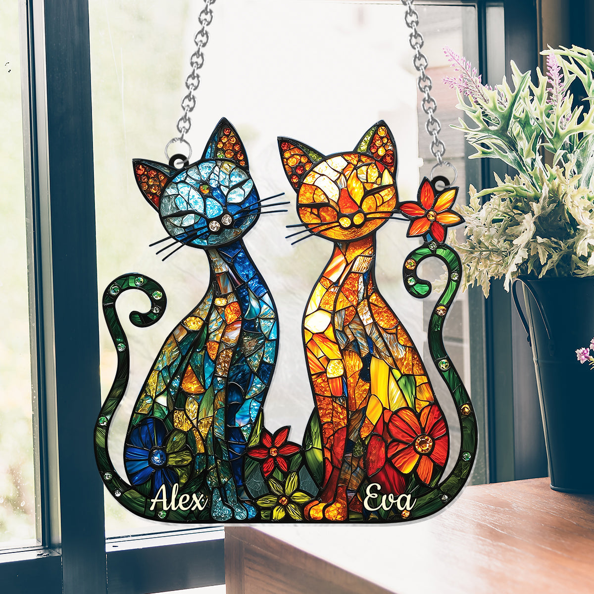 Magnifique couple de chats - Décoration attrape-soleil personnalisée à suspendre à la fenêtre - Couple de chats 