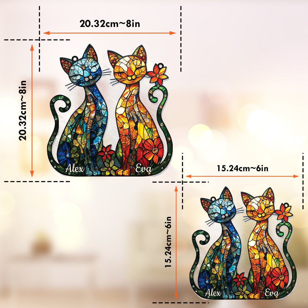 Magnifique couple de chats - Décoration attrape-soleil personnalisée à suspendre à la fenêtre - Couple de chats 