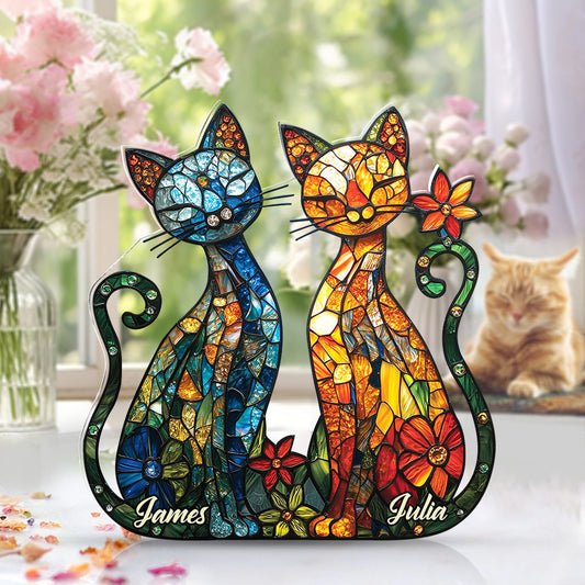 Atemberaubendes Katzenpaar – personalisierte Acrylplakette in Katzenform