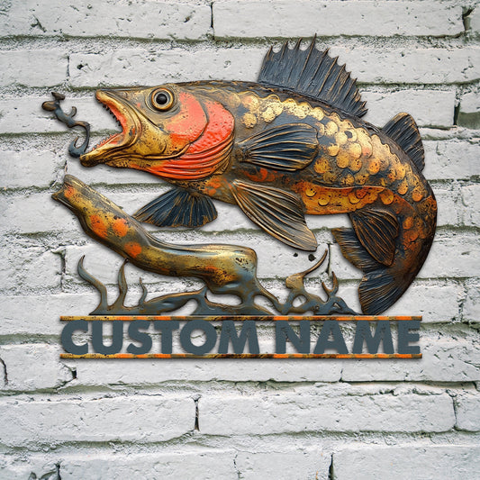 Rustikales Vintage-Fischschild aus personalisiertem Metall mit Angelmotiv