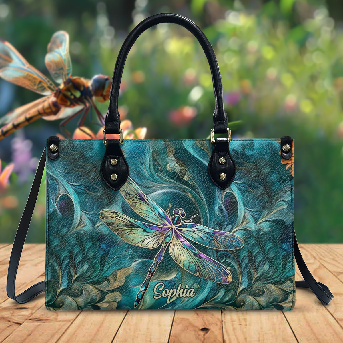 Wunderschöne Libelle – personalisierte Libellen-Lederhandtasche