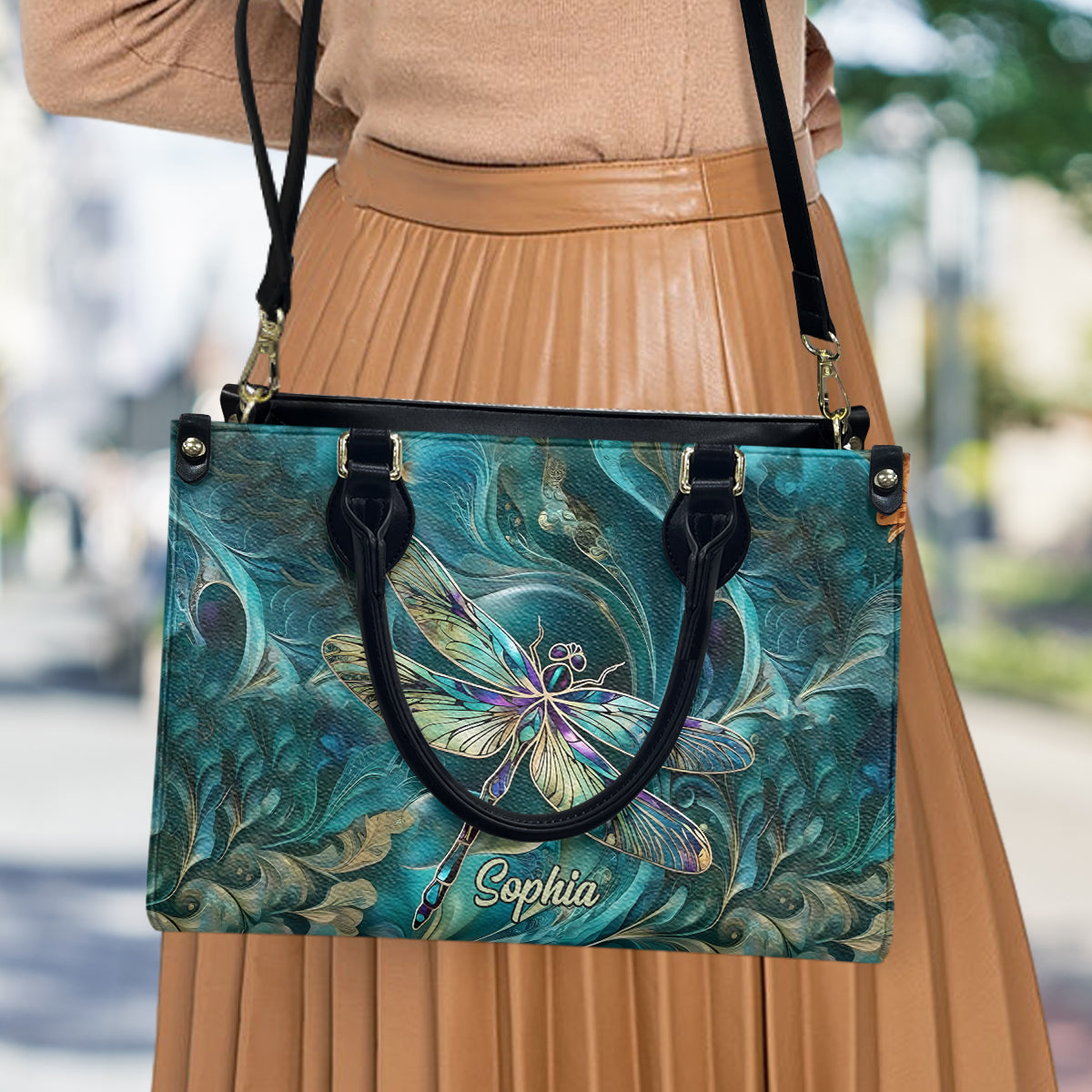Wunderschöne Libelle – personalisierte Libellen-Lederhandtasche