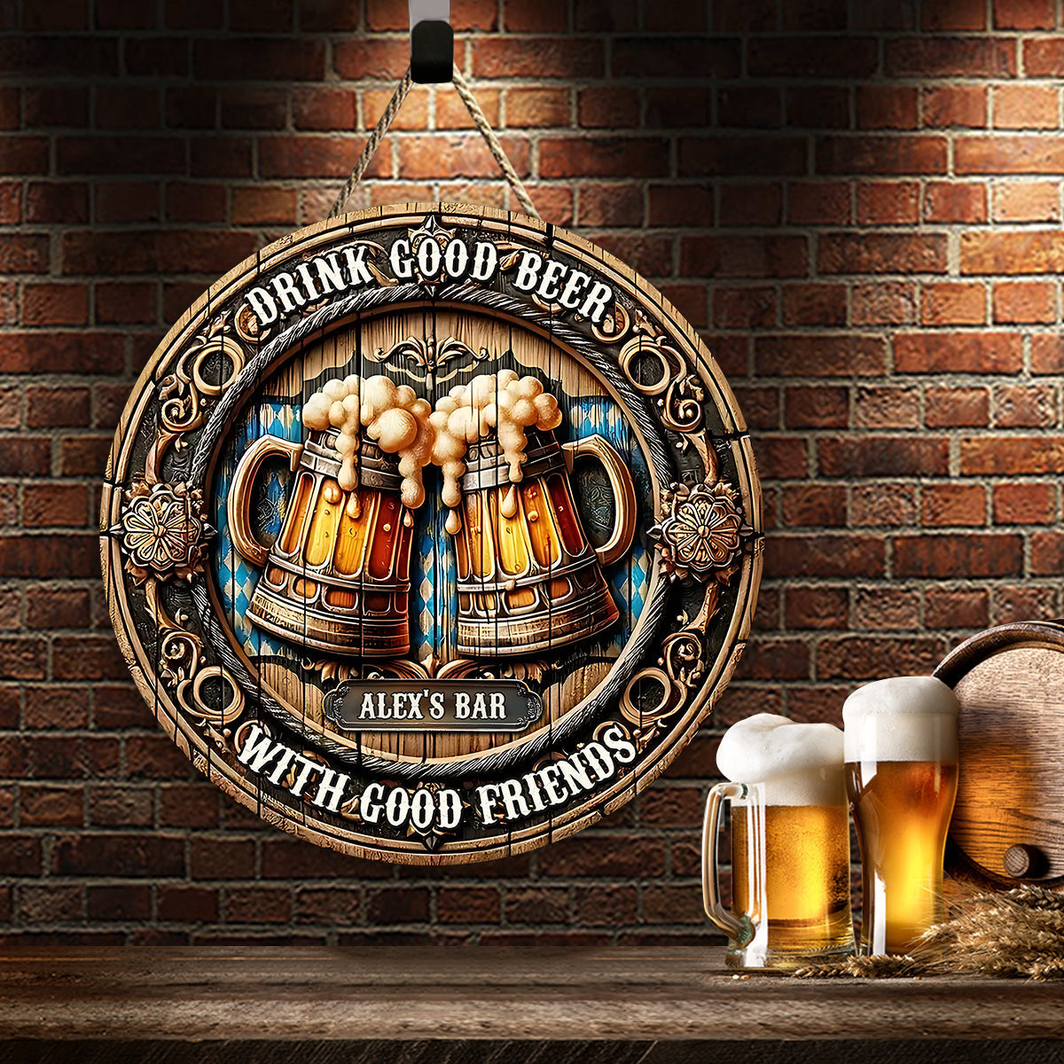 Bons amis, bonne bière - Panneau rond en bois personnalisé pour la bière