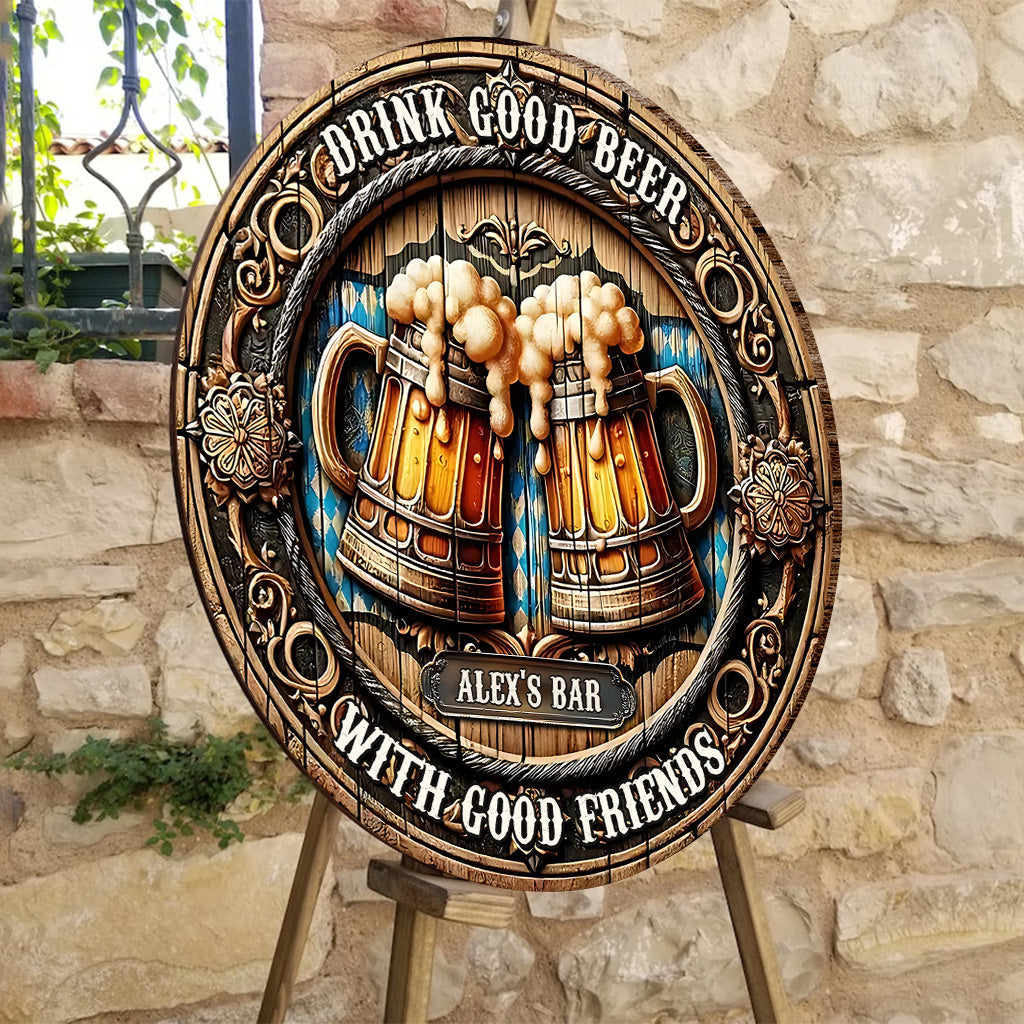 Bons amis, bonne bière - Panneau rond en bois personnalisé pour la bière