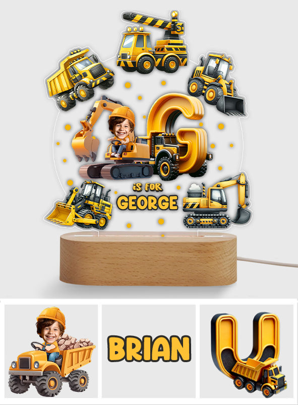 Construction Vehicle Alphabet - Personalized Kid Shaped Plaque Light Base