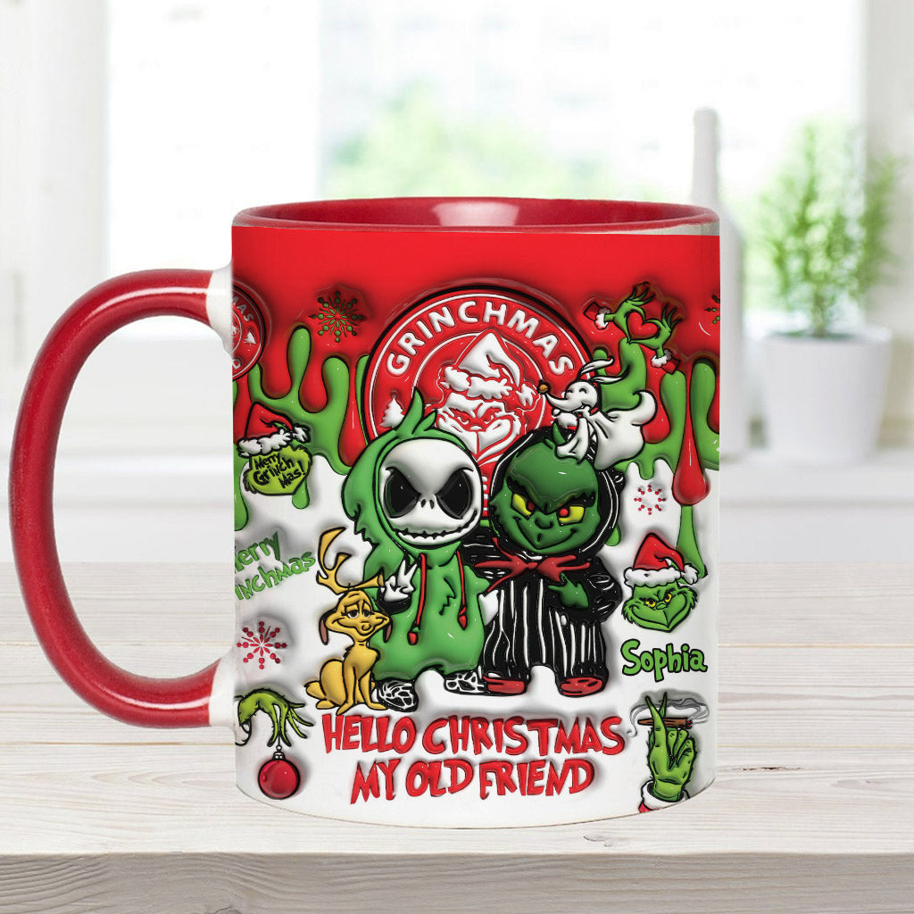 Hallo Weihnachten, mein alter Freund – personalisierte Tasse mit Weihnachtsstolen-Motiv