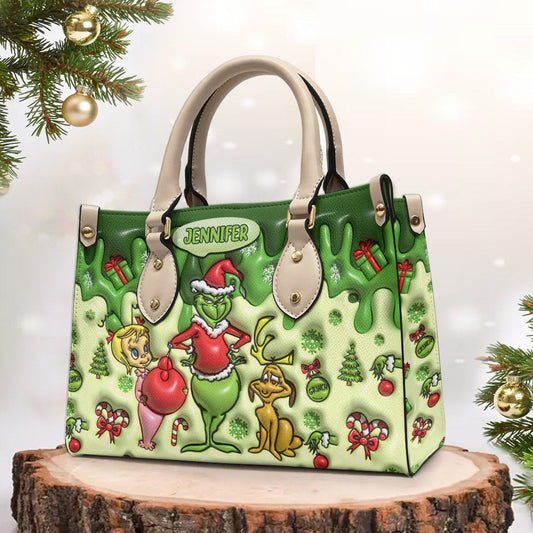 Fröhliche Grinchmas - Personalisierte Stola Weihnachtshandtasche aus Leder