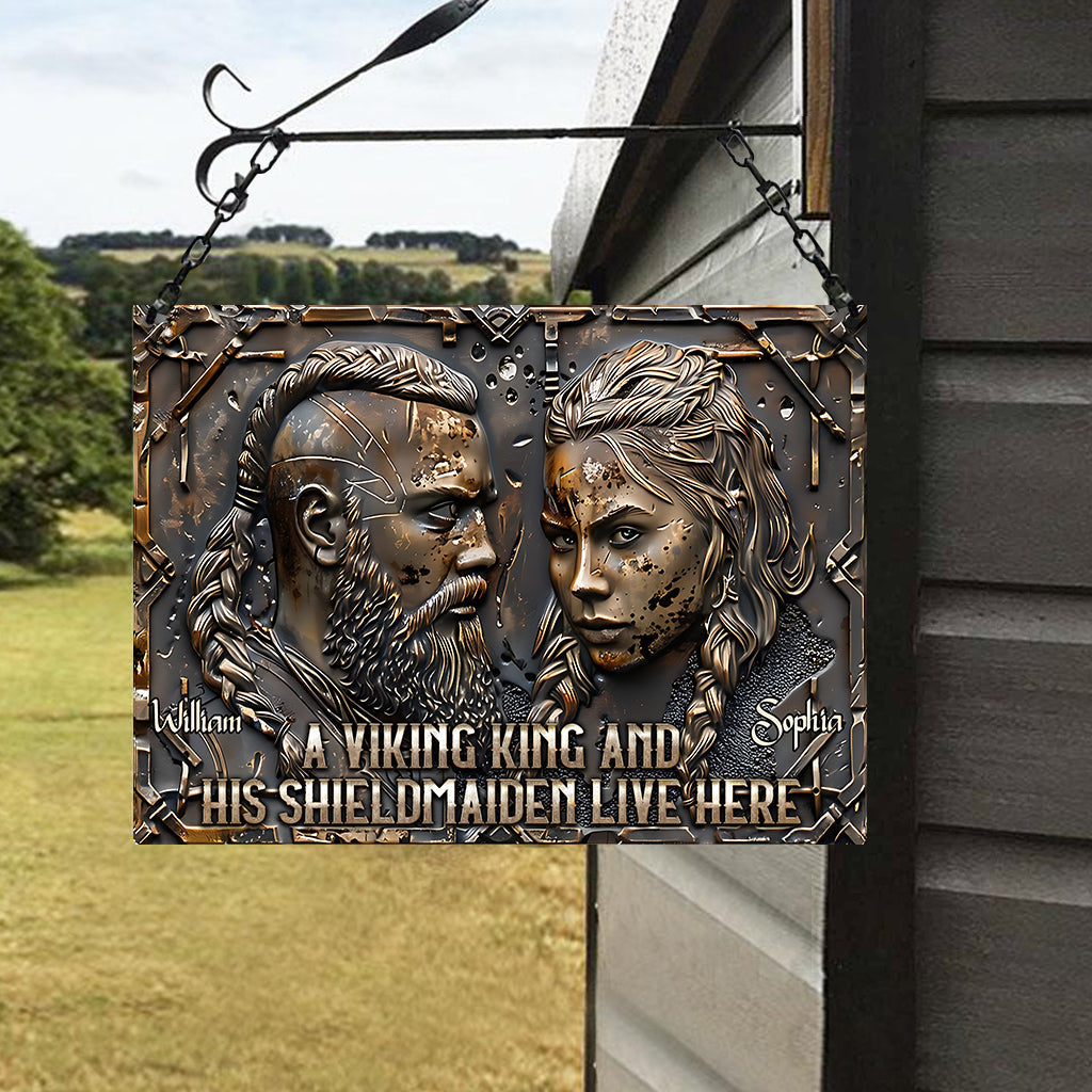 A Viking King And His Shieldmaiden Live Here - Personalized Viking Rectangle Metal Sign