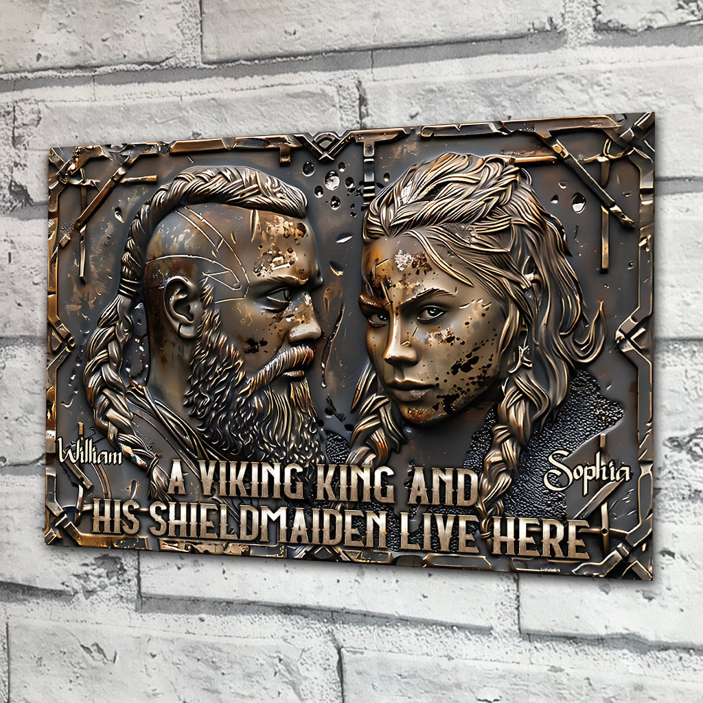 A Viking King And His Shieldmaiden Live Here - Personalized Viking Rectangle Metal Sign