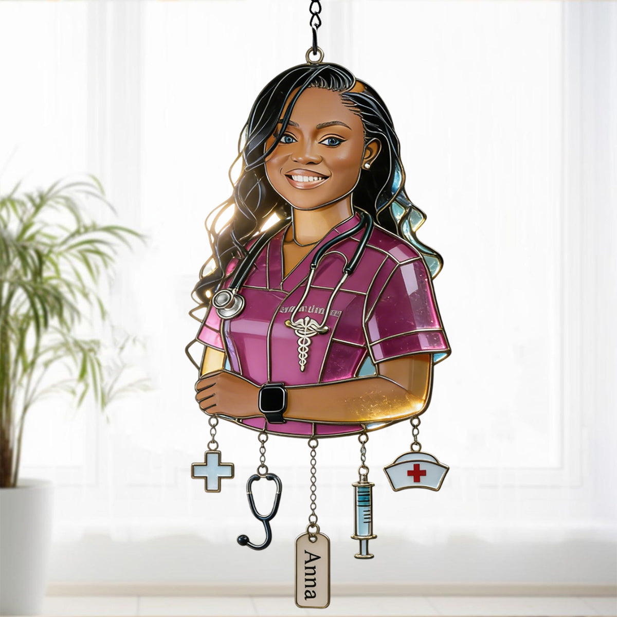 Gift For Young Woman - Custom Any Photo - Personalized Young Woman Window Hanging Suncatcher With Charms