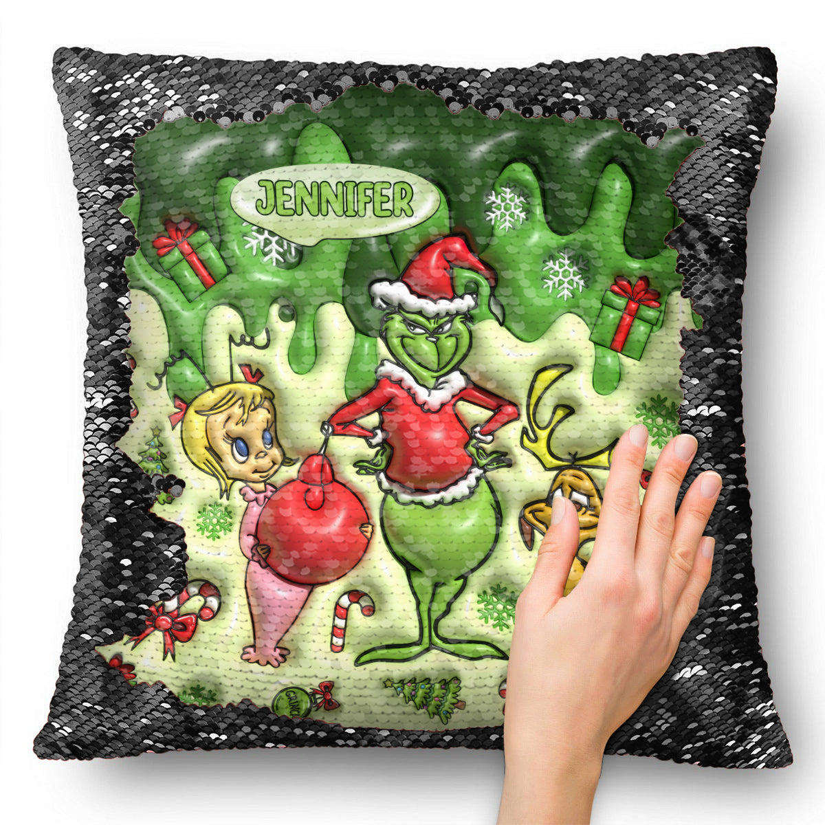 Merrry Christmas Green Mischief - Personalized Stole Christmas Sequin Pillow Cover