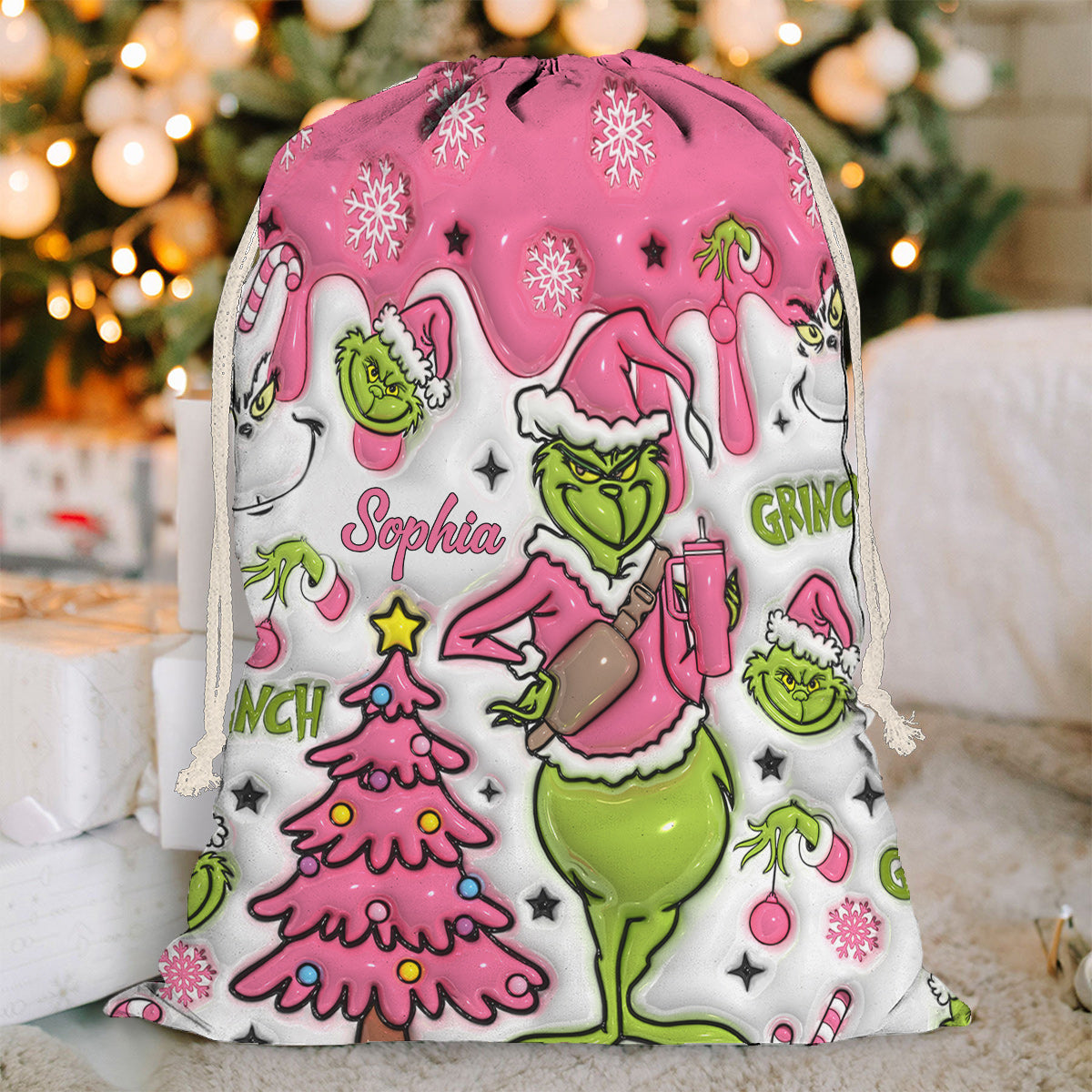 Fröhliche Grinchmas - Personalisierte Stola-Weihnachtstasche mit Kordelzug