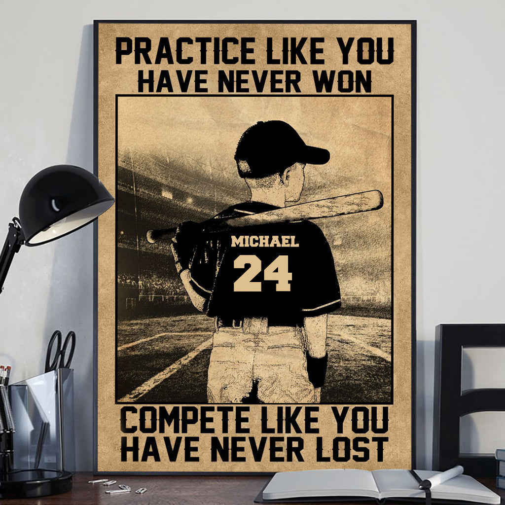 Übe, als hättest du noch nie gewonnen – Personalisierte Baseball-Leinwand und Poster