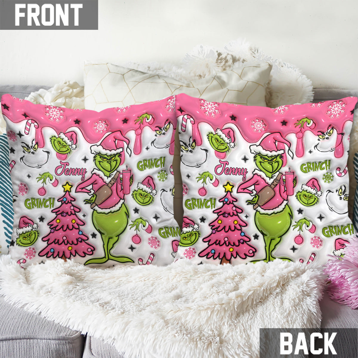 Joyeux Grinchmas - Coussin décoratif de Noël personnalisé avec étole