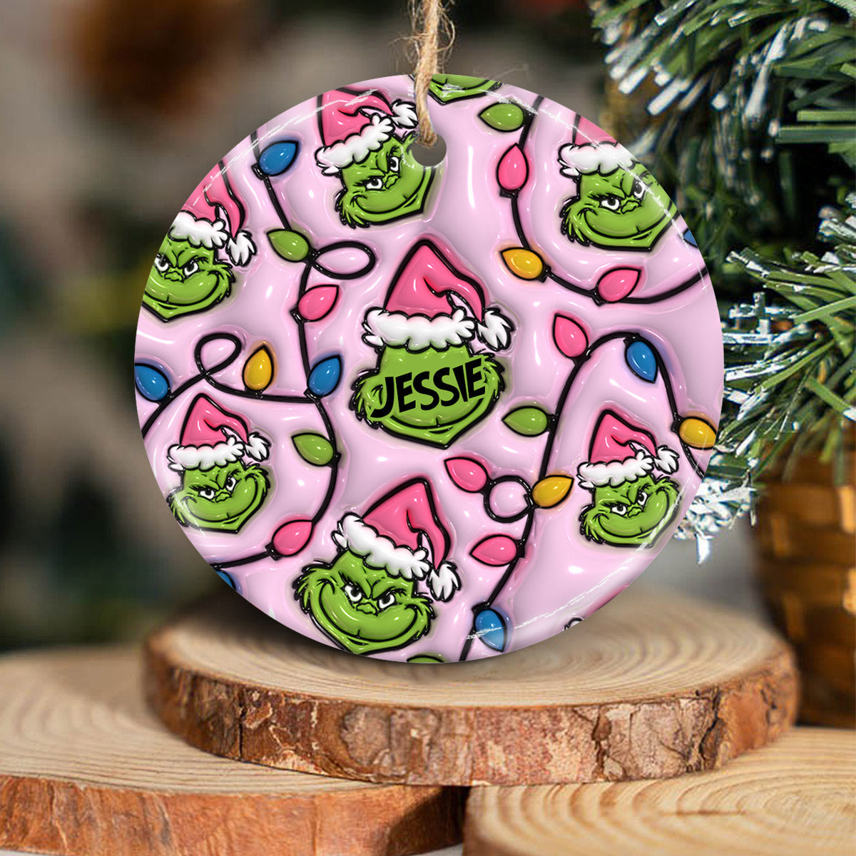 Green & Pink - Personalized Stole Christmas Ceramic Circle Ornament