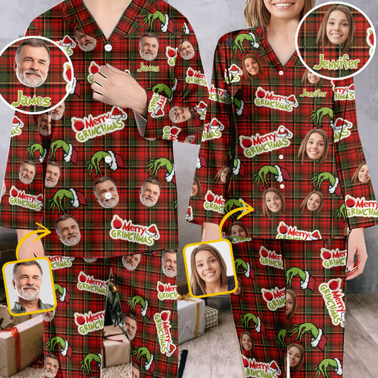 Fröhliche Grinchmas - Personalisierter Weihnachtspyjama mit Stola und Knopfleiste