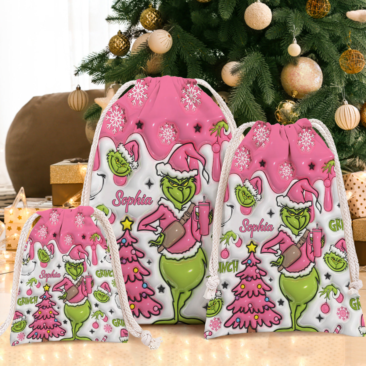 Fröhliche Grinchmas - Personalisierte Stola-Weihnachtstasche mit Kordelzug