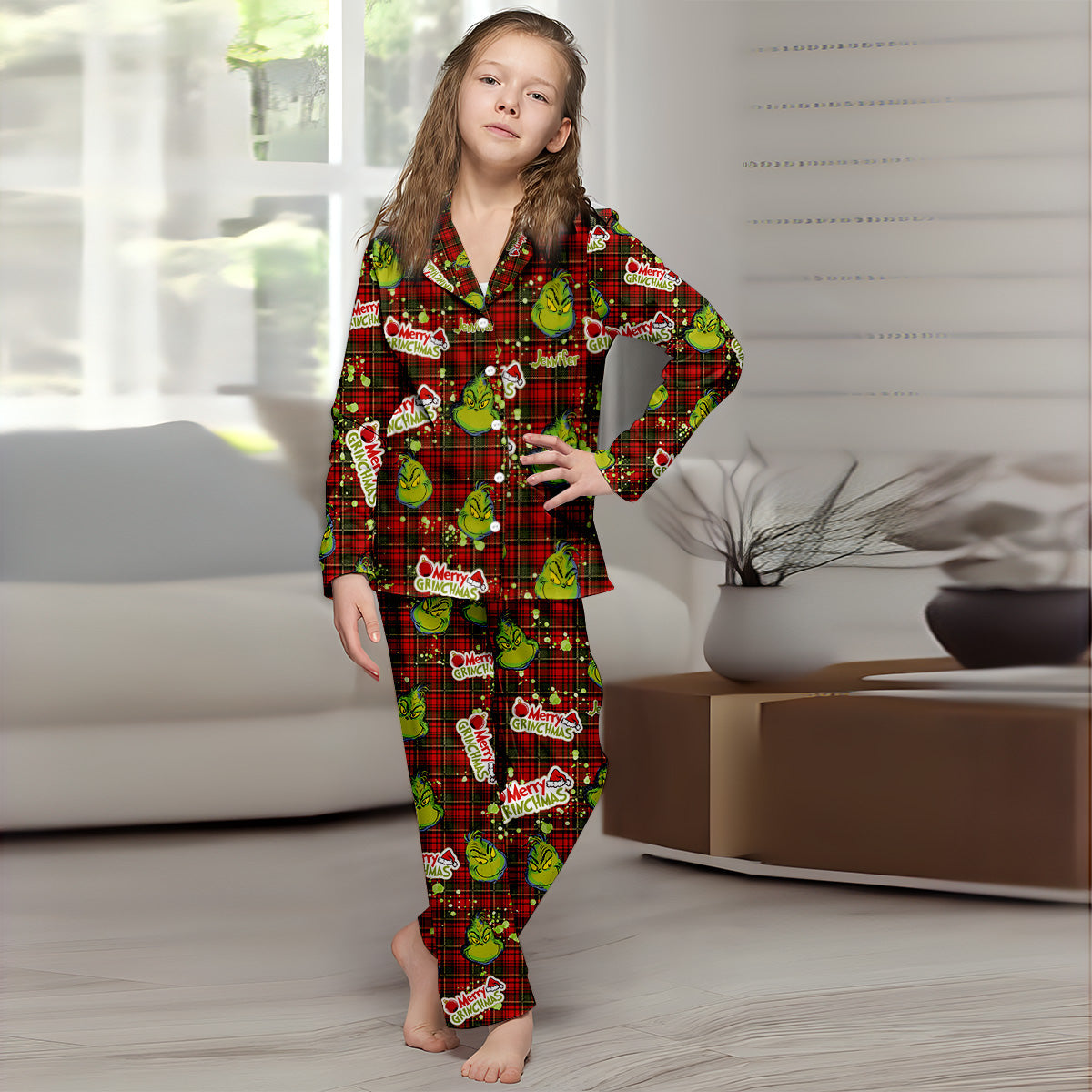 Joyeux Grinchmas - Pyjama de Noël personnalisé avec étole et boutons