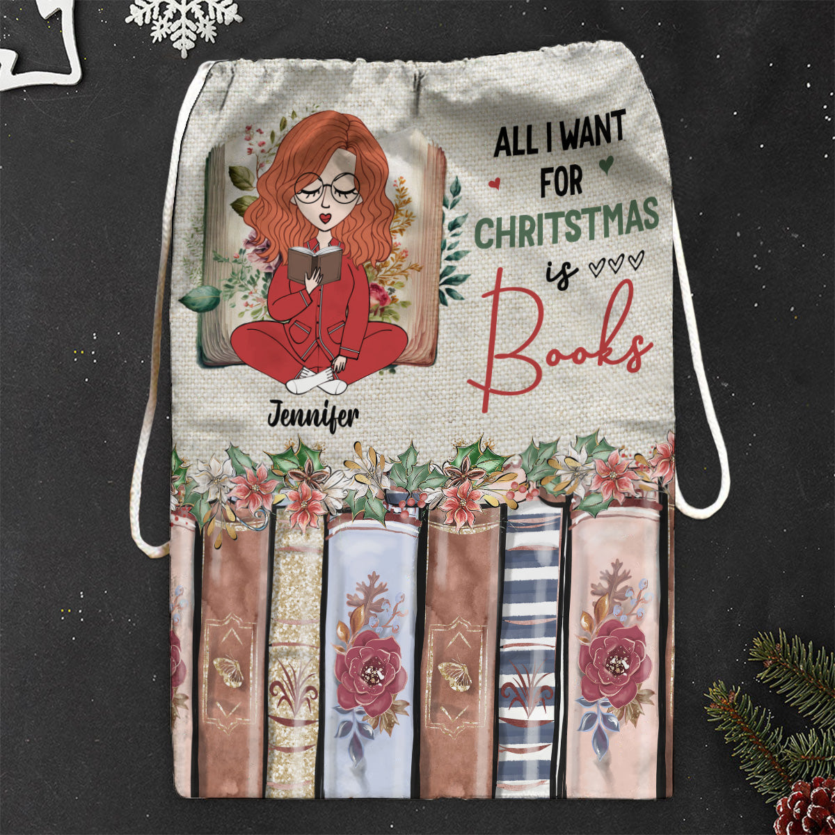 All I Want For Christmas Is Books - Personalized Book Drawstring Tote Bag