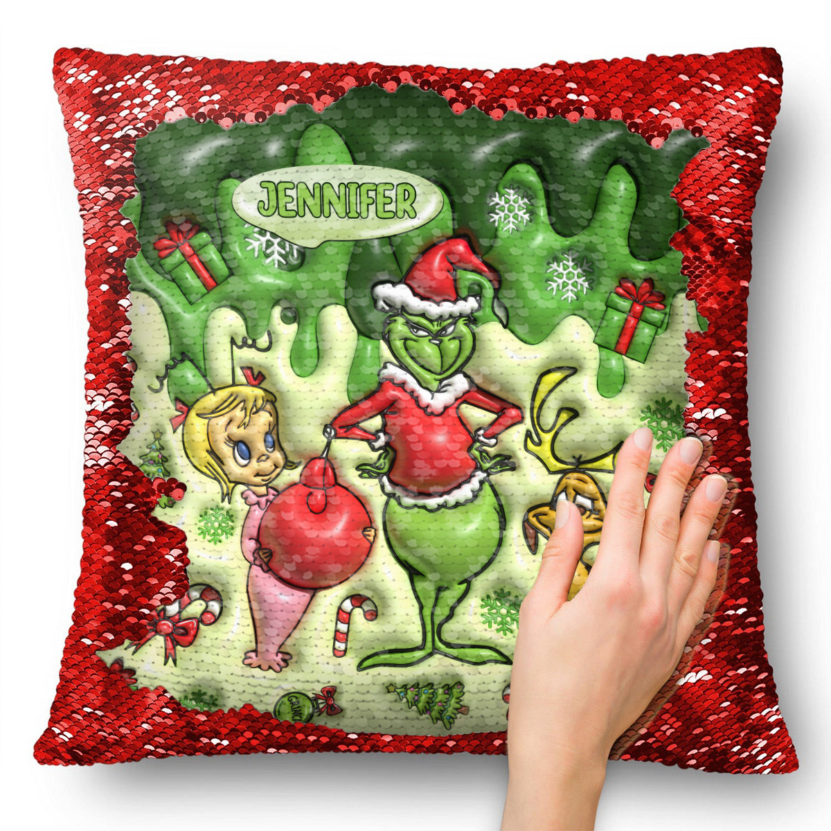 Merrry Christmas Green Mischief - Personalized Stole Christmas Sequin Pillow Cover