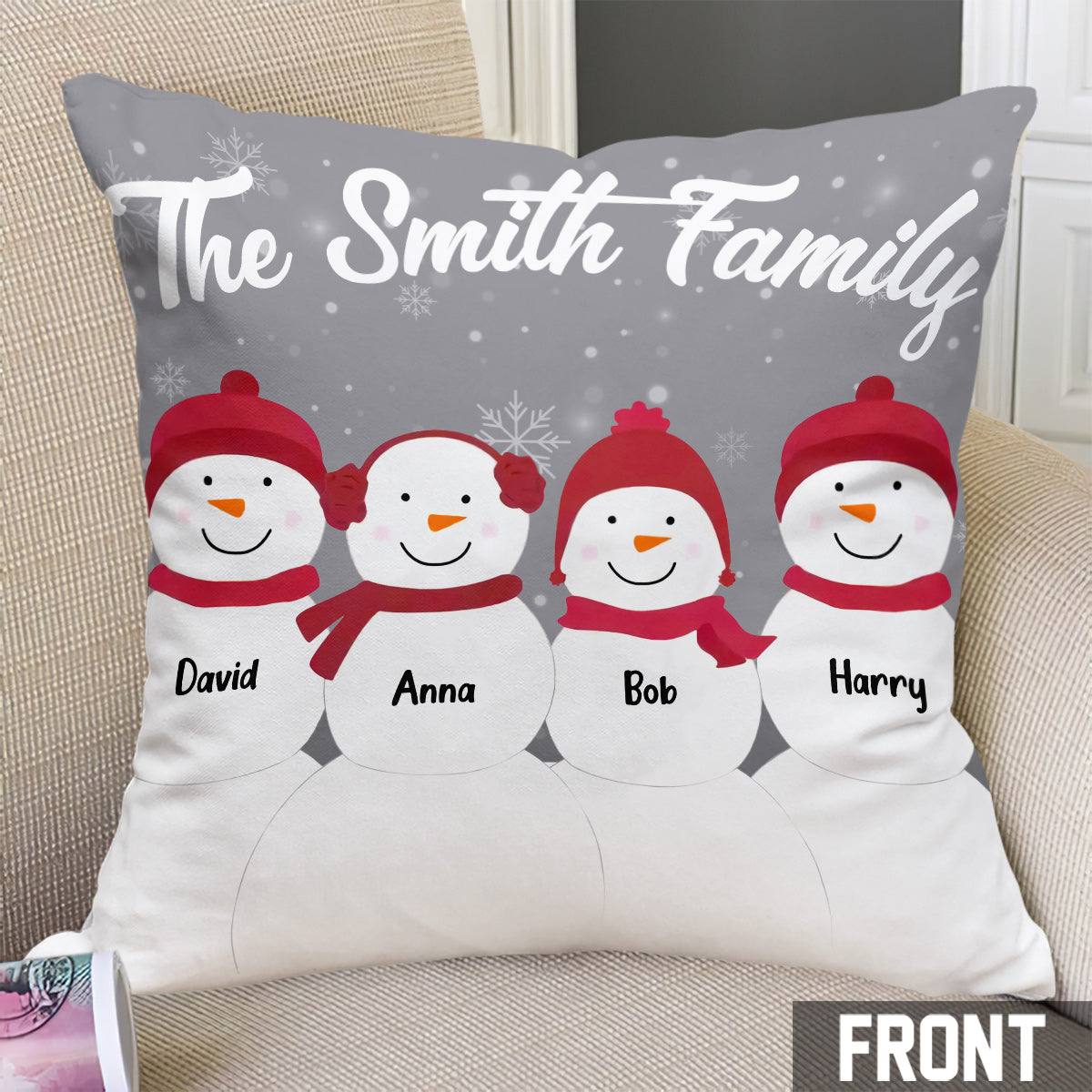 Coussin décoratif personnalisé « Famille Bonhomme de neige »