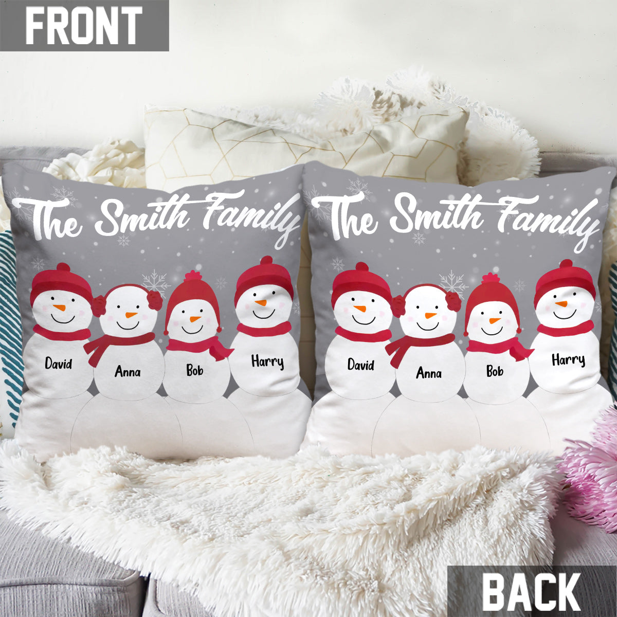 Coussin décoratif personnalisé « Famille Bonhomme de neige »