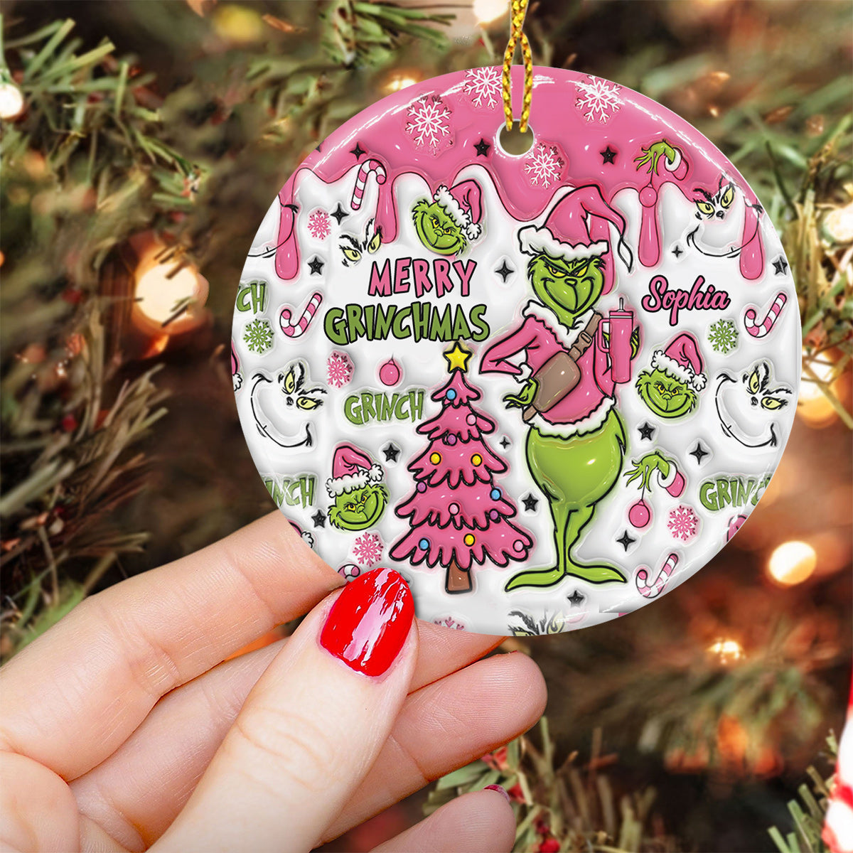 Merry Grinchmas - Personalized Stole Christmas Ceramic Circle Ornament