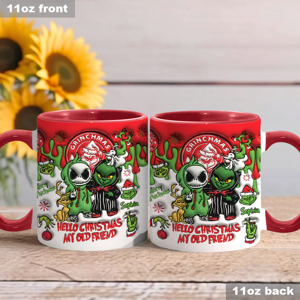 Hallo Weihnachten, mein alter Freund – personalisierte Tasse mit Weihnachtsstolen-Motiv