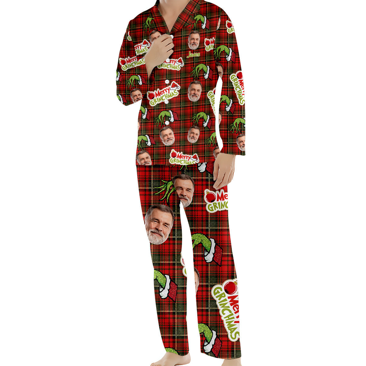 Fröhliche Grinchmas - Personalisierter Weihnachtspyjama mit Stola und Knopfleiste