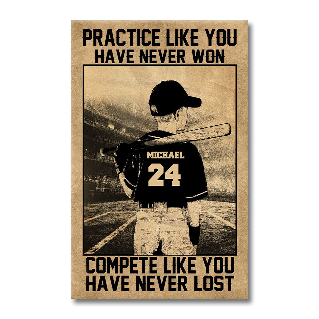 Übe, als hättest du noch nie gewonnen – Personalisierte Baseball-Leinwand und Poster