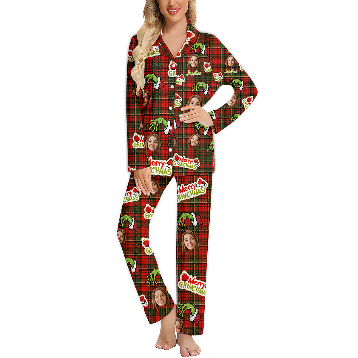 Fröhliche Grinchmas - Personalisierter Weihnachtspyjama mit Stola und Knopfleiste