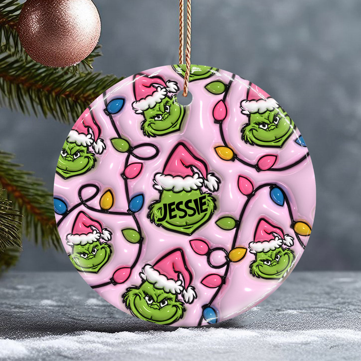 Green & Pink - Personalized Stole Christmas Ceramic Circle Ornament