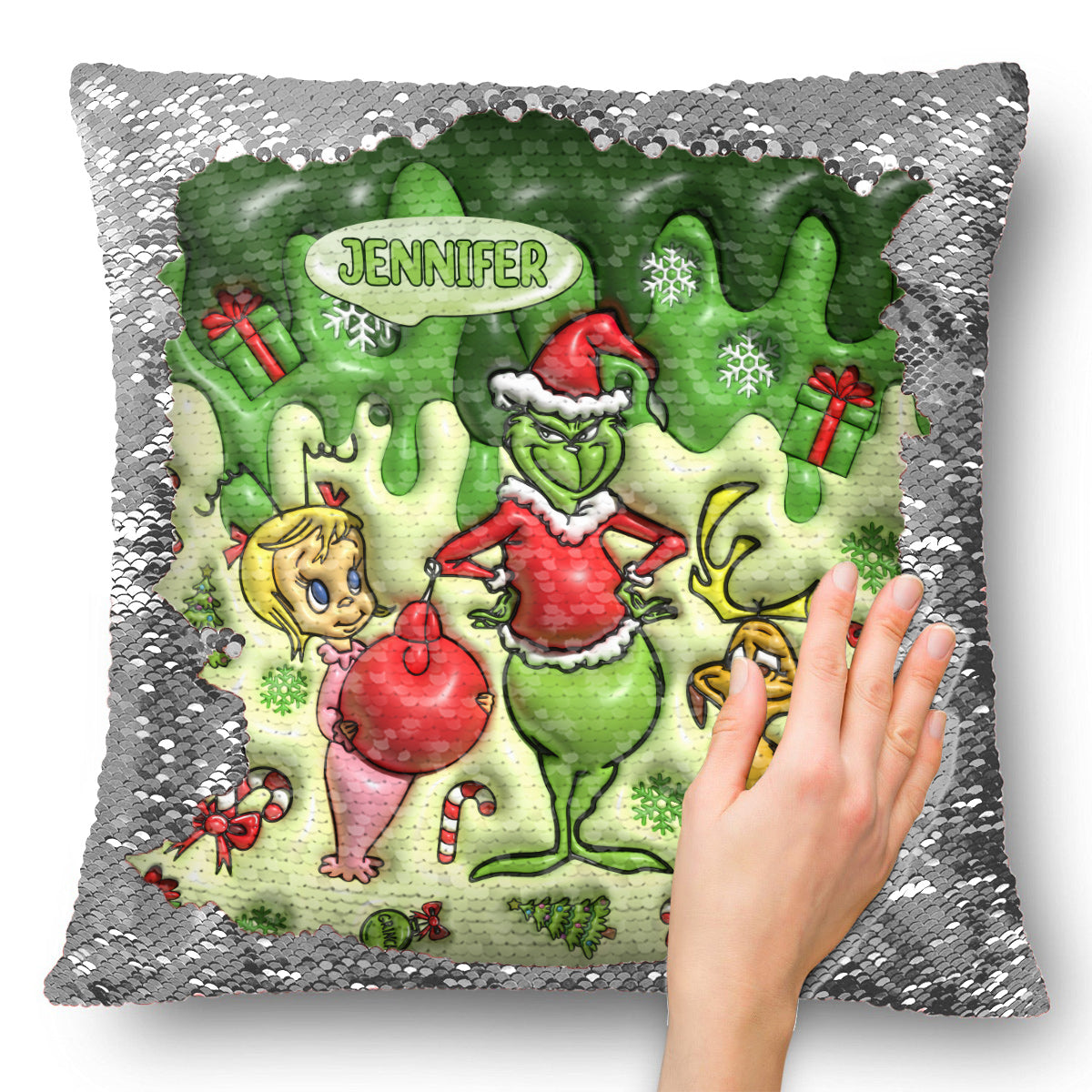 Merrry Christmas Green Mischief - Personalized Stole Christmas Sequin Pillow Cover