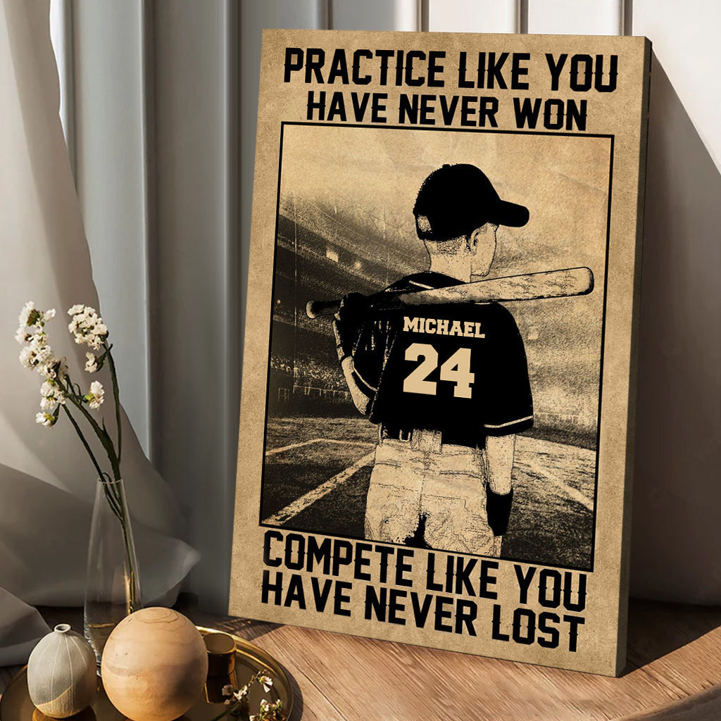 Übe, als hättest du noch nie gewonnen – Personalisierte Baseball-Leinwand und Poster