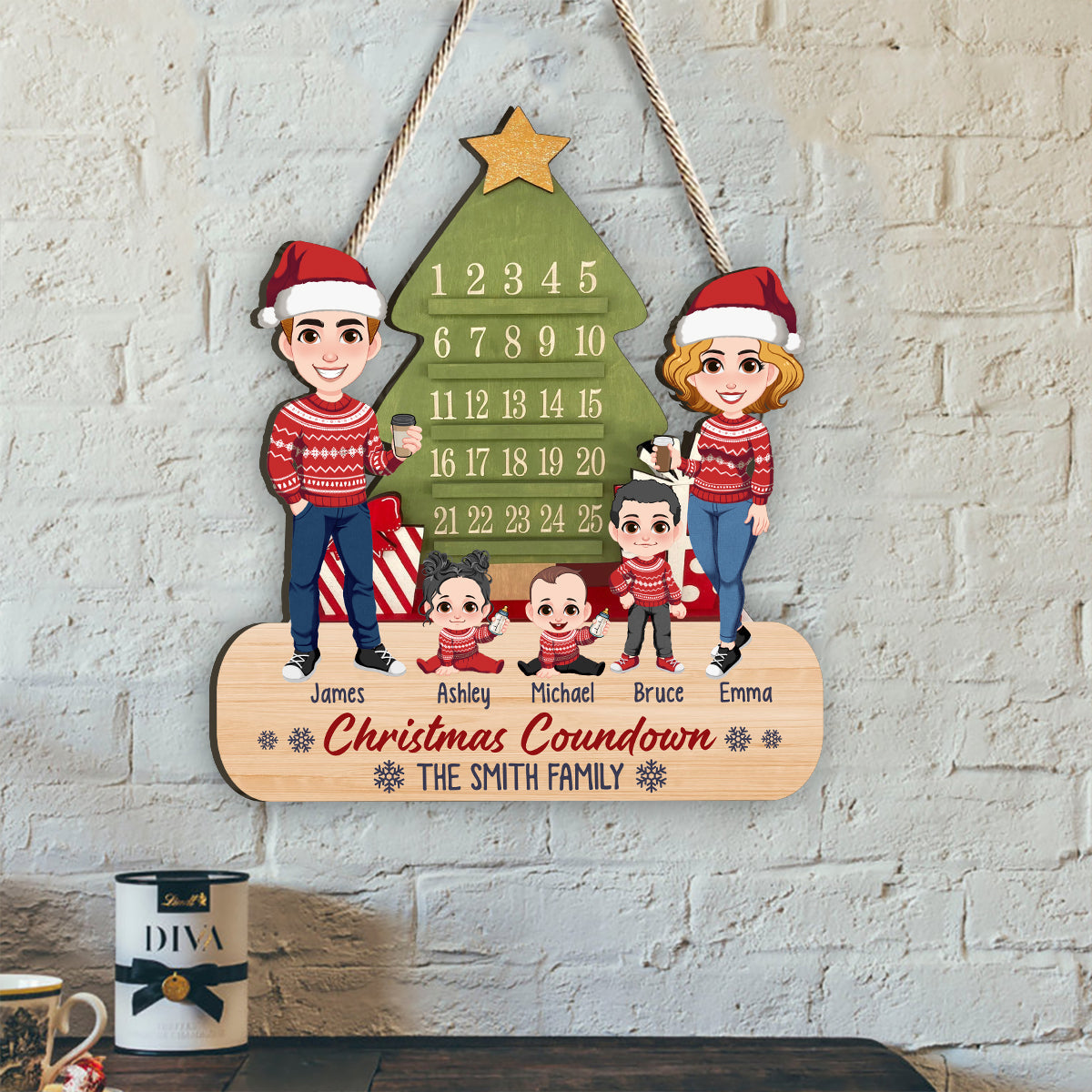 Weihnachtscountdown für die Familie – Personalisiertes Holzschild für die Familie