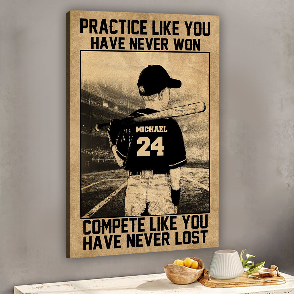 Übe, als hättest du noch nie gewonnen – Personalisierte Baseball-Leinwand und Poster